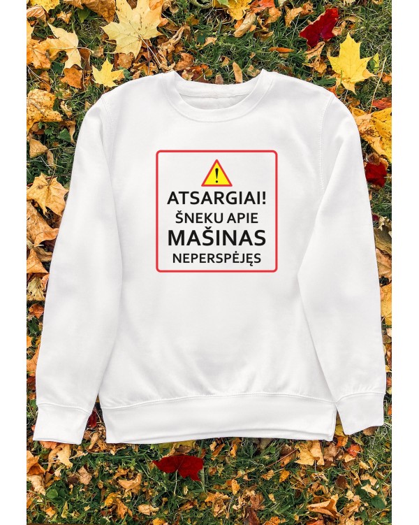 Džemperis su užrašu "Atsargiai šneku apie mašinas neperspėjęs"