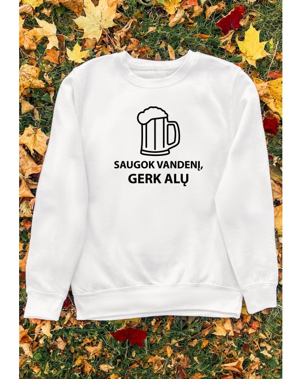 Džemperis su užrašu  "Saugok Vandenį Gerk Alų" su gobtuvu