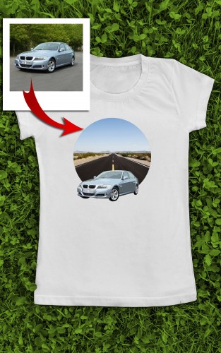 Marškinėliai su Jūsų automobiliu "Automobilis kalnuose" (stilizuotas)