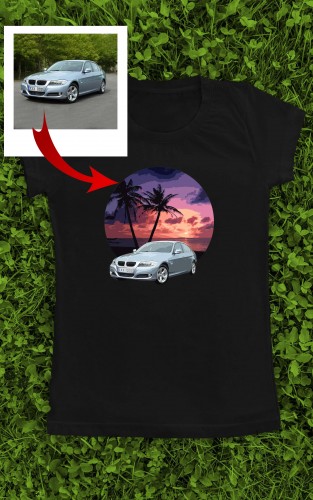 Marškinėliai su Jūsų automobiliu "Automobilis tropikuose" (stilizuotas)