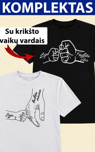 Dveji marškinėliai krikšto tėvams „Kumštukai“ su krikšto vaikų vardais