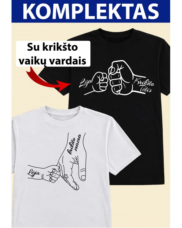 Dveji marškinėliai krikšto tėvams „Kumštukai“ su krikšto vaikų vardais